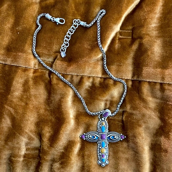 Brighton 16-18” silver necklace with attached cross with multi-colored stones. - Picture 1 of 3